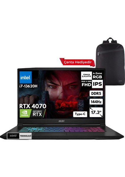 Msı Katana 17 I7-13620H 48 -Gbddr5 512 Gbssd RTX4070 (8gb) 17.3" Fhd 144Hz Windows 11 Pro Gaming Laptop + Hmf Sırt Çantası B13VGK-1030XTRHMFC40