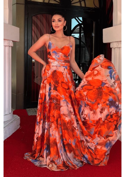 Şifon Desenli Askılı Abiye Elbise - Turuncu fiyatları