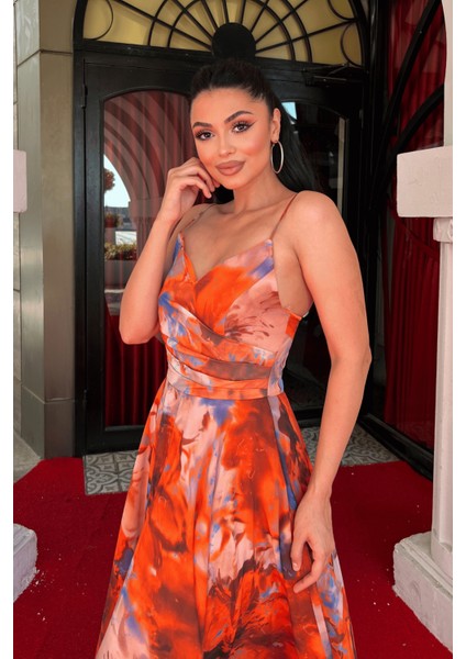 Şifon Desenli Askılı Abiye Elbise - Turuncu modelleri