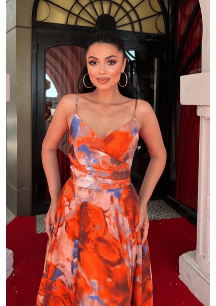 Şifon Desenli Askılı Abiye Elbise - Turuncu fırsatları