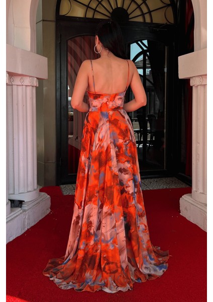 Şifon Desenli Askılı Abiye Elbise - Turuncu indirimleri