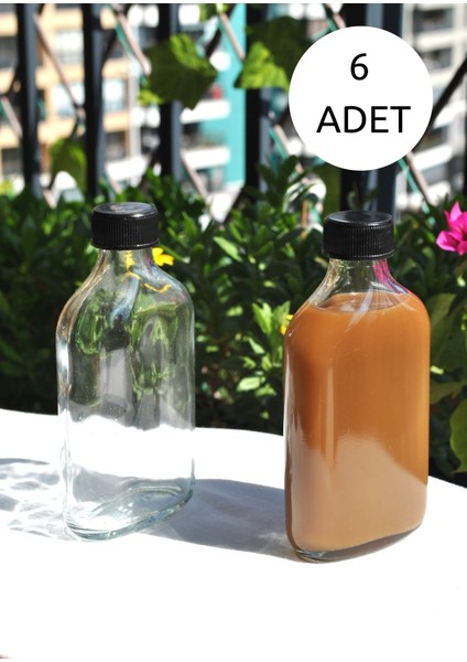 6'lı Cam Şeffaf Cold Brew Şişesi Sızdırmaz Siyah Plastik Kapaklı 200 ml Yassı Şişe