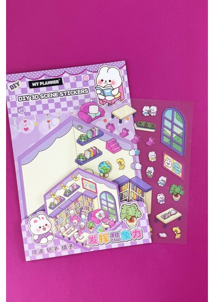 1713 3D Sticker Kütüphane Temalı Mor