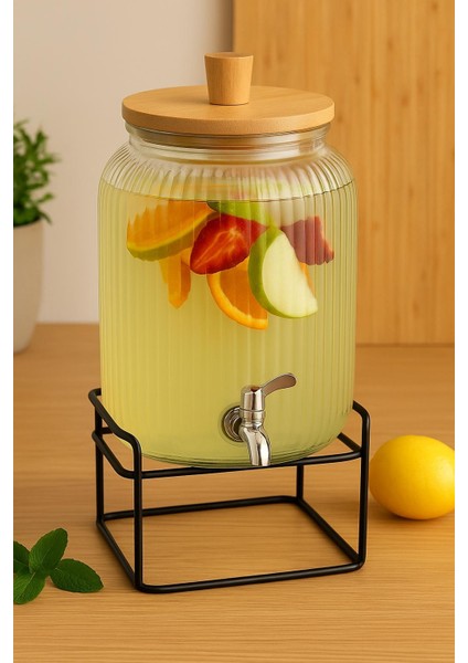 Cam Şerbetlik – 3,75 Litre, Musluklu, Bambu Kapaklı, Metal Standlı ,sebil