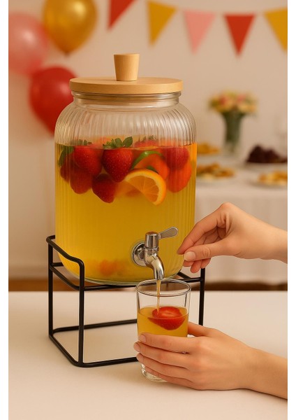 Cam Şerbetlik – 3,75 Litre, Musluklu, Bambu Kapaklı, Metal Standlı ,sebil modelleri