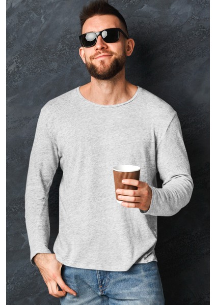 Düz Gri Bisiklet Yaka Uzun Kollu Erkek Penye T-Shirt