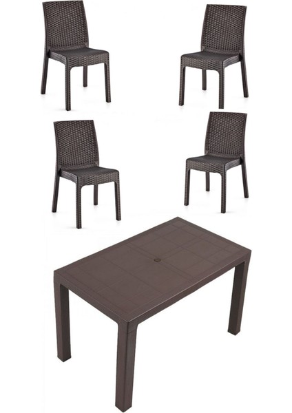 70X120 cm Rattan 4 Kişilik Masa Seti Kolsuz Sandalye Bahçe Teras Takımı Camsız Oturma Grubu