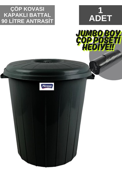 90 Litre Jumbo Boy Kapaklı Çöp Kovası Koyu Antrasit Renk (Çöp Poşeti Hediyeli)