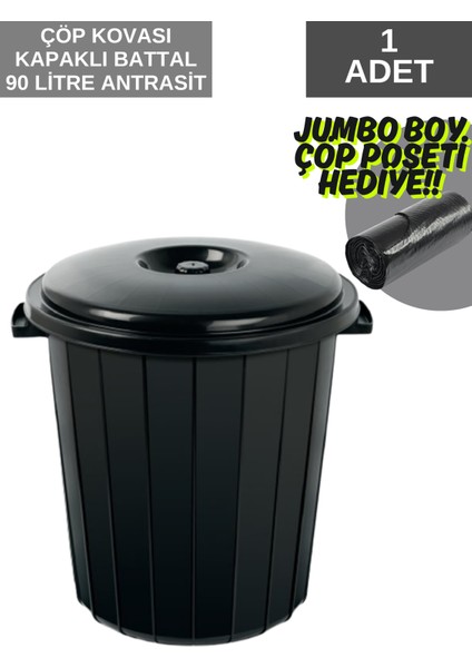 90 Litre Jumbo Boy Kapaklı Çöp Kovası Koyu Antrasit Renk (Çöp Poşeti Hediyeli)