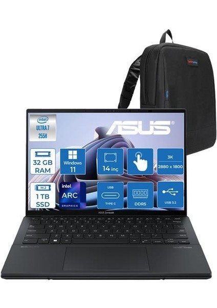 Zenbook Duo Intel Core Ultra 7 255H 32GB Ddr5 1tb SSD Intel Arc Graphics WIN11PRO 14" 3k OLED 120Hz 500NITS Dokunmatik Taşınabilir Bilgisayar UX8406CAP02 + Zettaçanta
