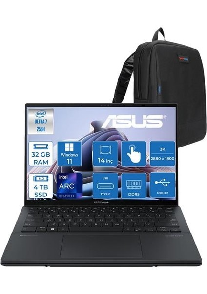 Zenbook Duo Intel Core Ultra 7 255H 32GB Ddr5 4tb SSD Intel Arc Graphics WIN11PRO 14" 3k OLED 120Hz 500NITS Dokunmatik Taşınabilir Bilgisayar UX8406CAP04 + Zettaçanta