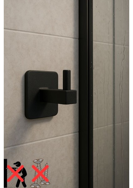 Siyah Kare Yapışkanlı Metal Tekli Kanca Bornoz Banyo Askısı