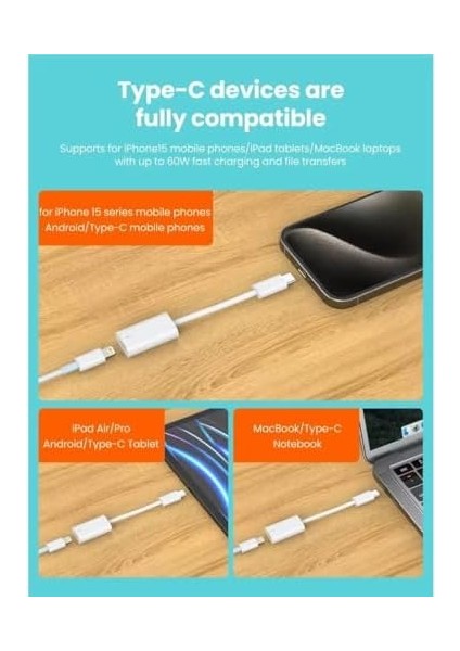 Mac-Book iPhone ile Uyumlu Şarj Data Kablosu 15 ve Üstü Çevirici Type-C To Lightninng Adaptör fiyatları