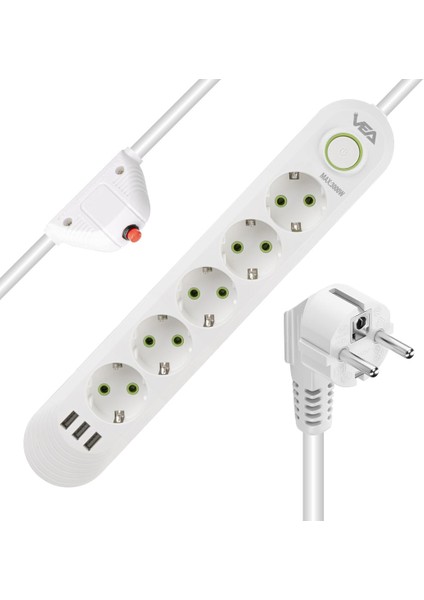 Korumalı Priz, 5'li Çoklu Priz, 3 Usb, 1.5 mt Kablo, Anahtarlı Grup Priz, USB Li Priz, Isıya Dayanıklı, 3000 Watt Gücünde