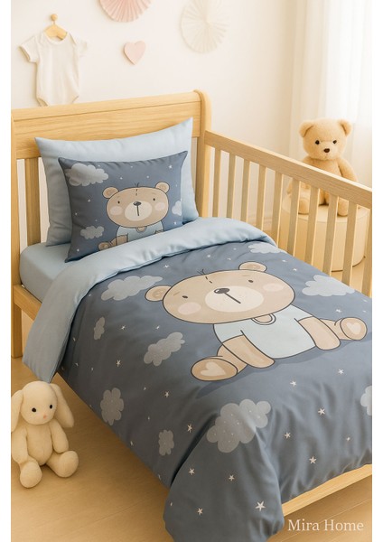 Dijital Baskılı 3D Pamuklu Yenidoğan Bebek Nevresim Takımı Blue Bear