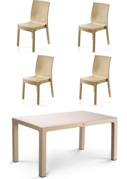 70X120 cm Rattan 4 Kişilik Masa Seti Kolsuz Sandalye Bahçe Teras Takımı Camsız Oturma Grubu
