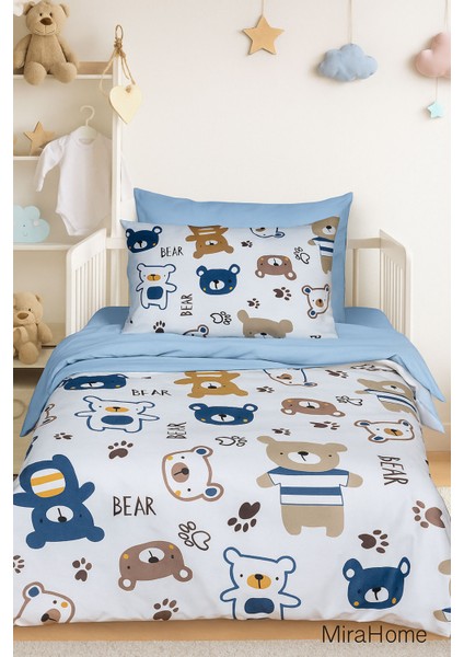 Dijital Baskılı 3D Pamuklu Yenidoğan Bebek Nevresim Takımı Bear Toy Blue