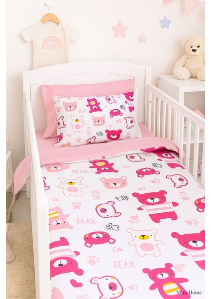 Dijital Baskılı 3D Pamuklu Yenidoğan Bebek Nevresim Takımı Bear Toy Pink