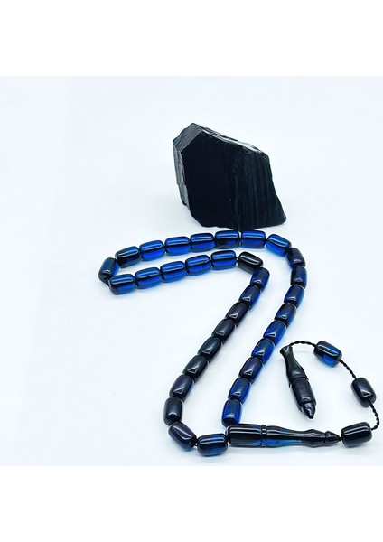 Mavi Renkte Hareli Sıkma Ateş Kehribar Tesbih