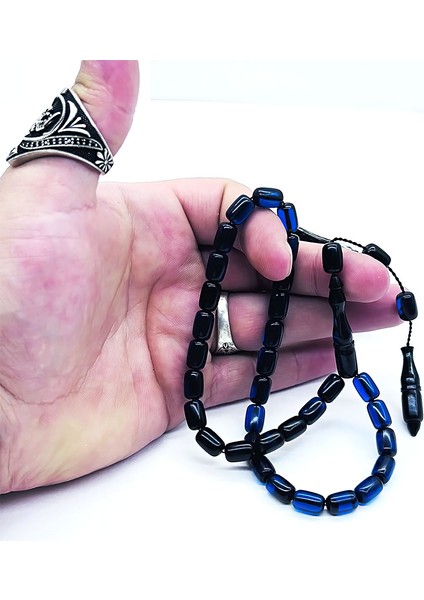 Mavi Renkte Hareli Sıkma Ateş Kehribar Tesbih fiyatları