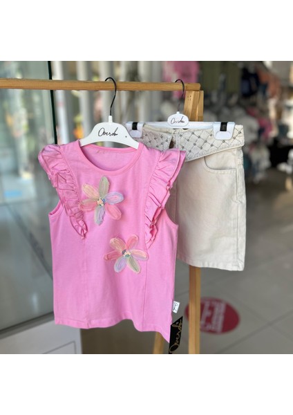 Kız Çocuk Pamuklu Çiçek Detaylı Tişört Kot Etek 2li Alt Üst Takım modelleri