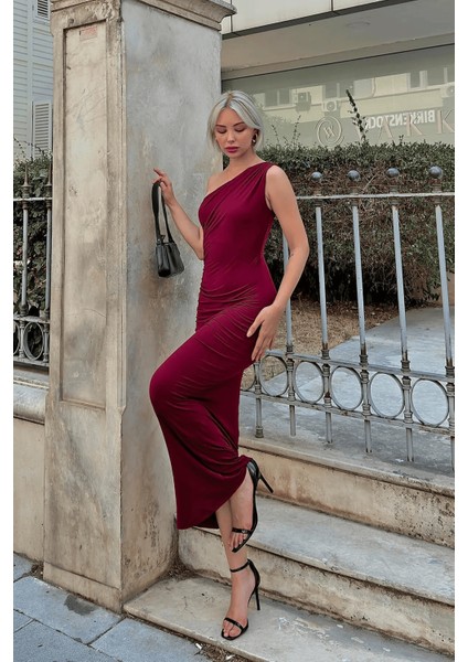 Kadın Tek Omuz Büzgülü Midi Elbise fırsatları