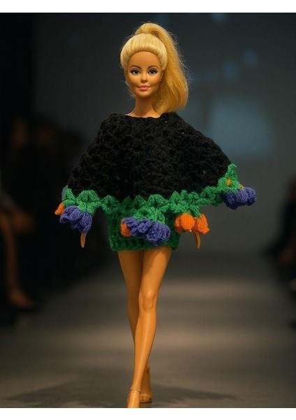 Barbie Bebek Için Pelerin, Etek ve Buket Çiçeğe Dönüşebilen El Örgüsü Ikili Takım