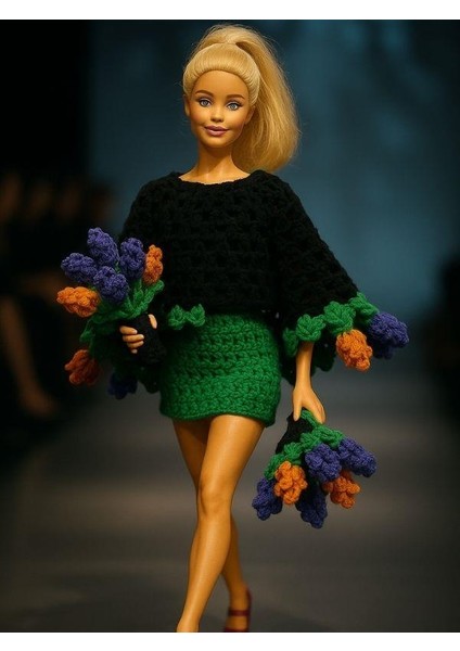 Barbie Bebek Için Pelerin, Etek ve Buket Çiçeğe Dönüşebilen El Örgüsü Ikili Takım fırsatları