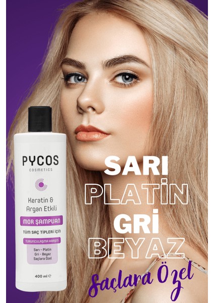 Pycos Mor Şampuan 400ML, Sarı-Gri-Beyaz Saçlar Için Renk Dengeleyici Silver Şampuan