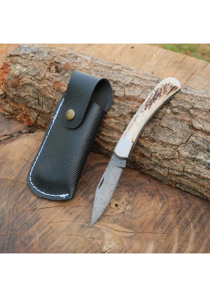 Katlanır Model 17 cm - Damascus Çelik - Geyik Boynuzu Sap