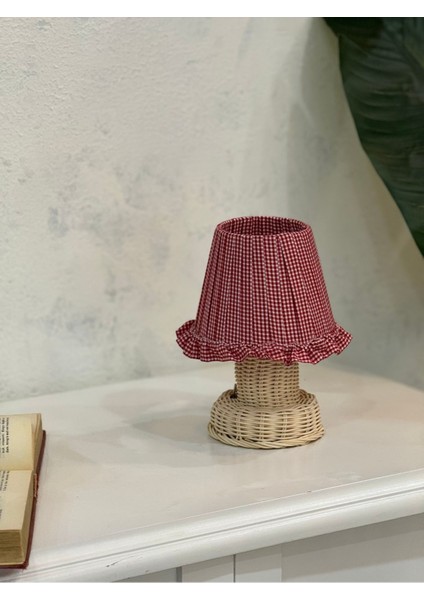 Kırmızı Pötikare Desen Kumaş Rattan Ayaklı Kablosuz Gece Masa Lambası