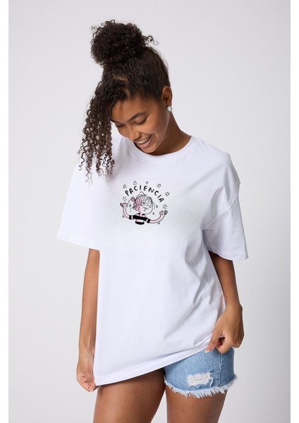 Paciencia Baskılı Oversize Pamuklu Beyaz Kadın T-Shirt