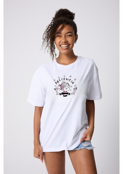 Paciencia Baskılı Oversize Pamuklu Beyaz Kadın T-Shirt indirimleri