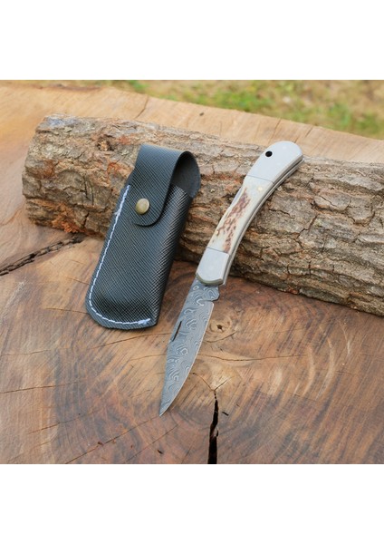 Katlanır Model 22 cm - Damascus Çelik - Geyik Boynuzu Sap