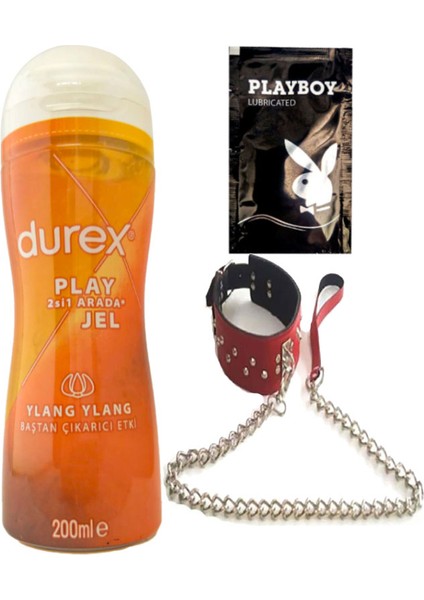 Play 2si1 Arada Ylang Ylang Baştan Çıkartmaya & Kayganlaştırmaya Jel 200 ml + Kırmızı Deri Tasma + Hediye