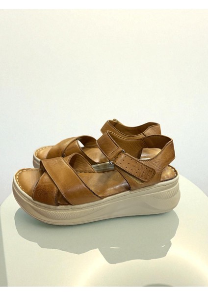 Hakiki Deri Tam Ortopedik Yumuşak Taban Dolgu Topuk Siyah Sandalet