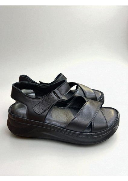 Hakiki Deri Tam Ortopedik Yumuşak Taban Dolgu Topuk Siyah Sandalet fiyatları