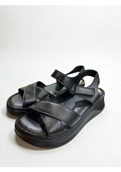 Hakiki Deri Tam Ortopedik Yumuşak Taban Dolgu Topuk Siyah Sandalet modelleri