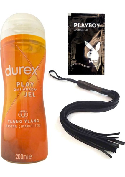 Play 2in1 Ylang Ylang Baştan Çıkartmaya & Kayganlaştırmaya Jel 200 ml + Siyah Püsküllü Deri Kırbaç + Ply Jel