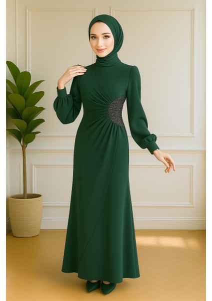 Tesettür Abiye Şifon Taş Detaylı Krep Elbise 2770