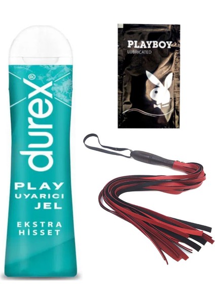 Play 50 ml Ekstra Hisset Uyarıcılı Jel + Kırmızı Püsküllü Deri Kırbaç + Ply Jel