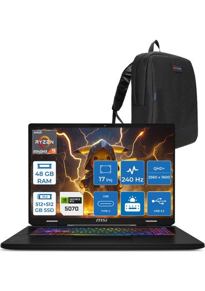 Msı Crosshaır A17 Hx D8WGKG-012XTR Ryzen9 8940HX Aı 48GB 512GB SSD+512GB SSD 8GB/RTX5070 Gddr7 115W 17"2.5k (2560 x 1600, Qhd+) 240Hz Freedos Taşınabilir Bilgisayar Z012XTRF18+ZETTAÇANTA