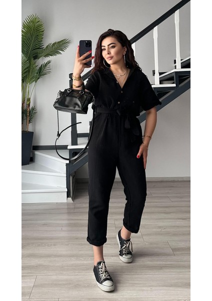 Siyah Müslin Kuşaklı Tulum