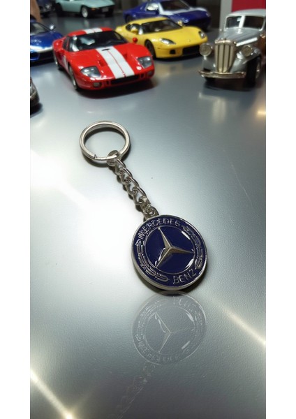 Mercedes Ile Metal Anahtarlık Araba Anahtarlığı Mavi çift taraflı