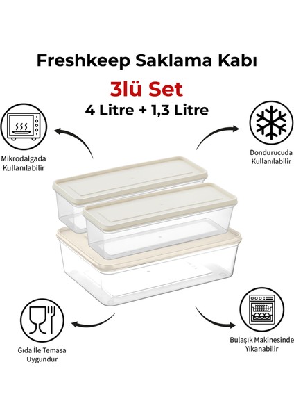 2 Adet 1,3 Litre ve 1 Adet 4 Litre Freshkeep 3lü Buzdolabı Organizer Mikrodalga ve Difrize Uygun Saklama Kabı