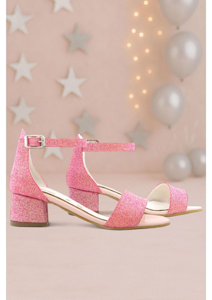 Lilo Simli Fuşya Pembe Tek Bantlı Kız Çocuk Topuklu Abiye Ayakkabı