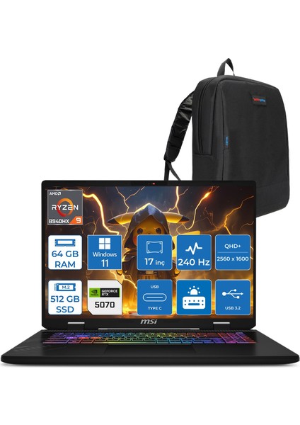 Msı Crosshaır A17 Hx D8WGKG-012XTR Ryzen9 8940HX Aı 64GB 512GB SSD 8GB/RTX5070 Gddr7 115W 17"2.5k (2560 x 1600, Qhd+) 240Hz Windows 11 Pro Taşınabilir Bilgisayar Z012XTRP25+ZETTAÇANTA