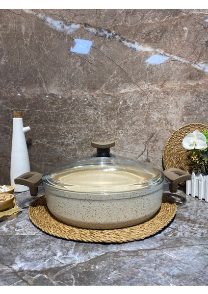 Granit 28 cm Basık Tencere Bakalit Kulp-Krem