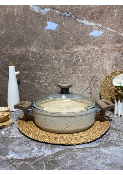 Granit 24 cm Basık Tencere Bakalit Kulp-Krem