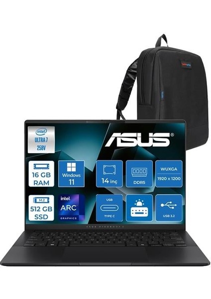 Vivobook S14 Intel Core Ultra 7 258V 32GB Ddr5 512GB SSD Intel Arc Graphics WIN11PRO 14" Wuxga OLED 600NITS Taşınabilir Bilgisayar S5406SAP01 + Zettaçanta